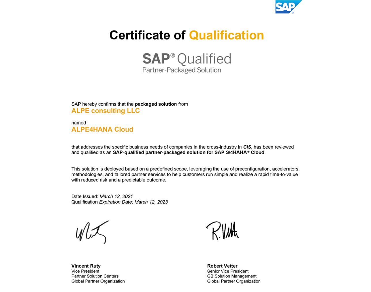 Решение “ALPE4HANA Cloud” официально сертифицировано SAP